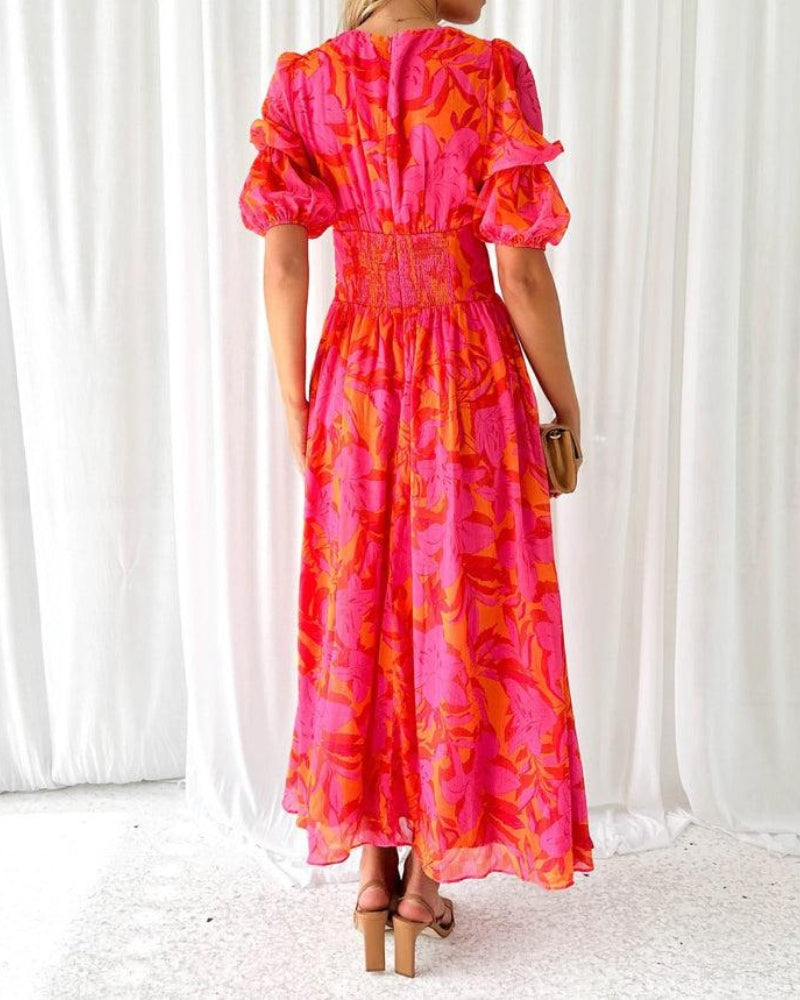 Maas & Mode® | Elegante V-hals Maxi jurk met pofmouwen