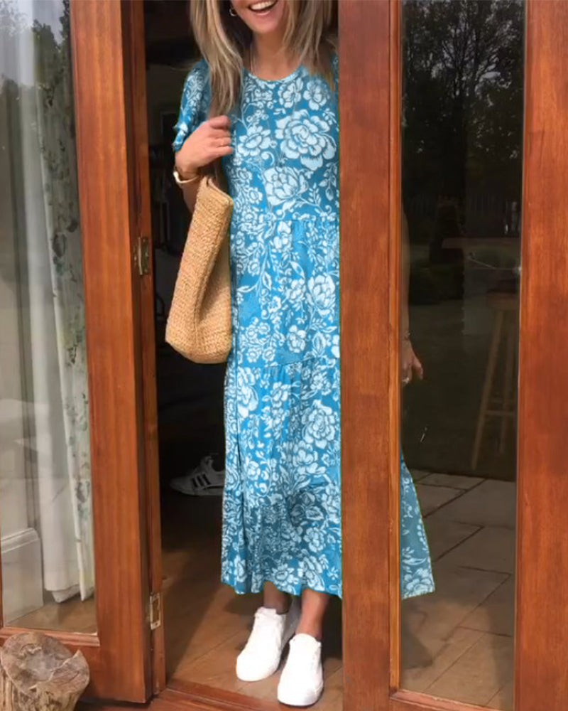 Maas & Mode® | Lange jurk met korte mouwen en bloemenprint