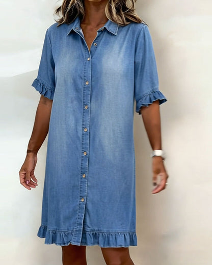 Maas & Mode® | Comfortabele Denim Jurk met Flatterende Rimpeling