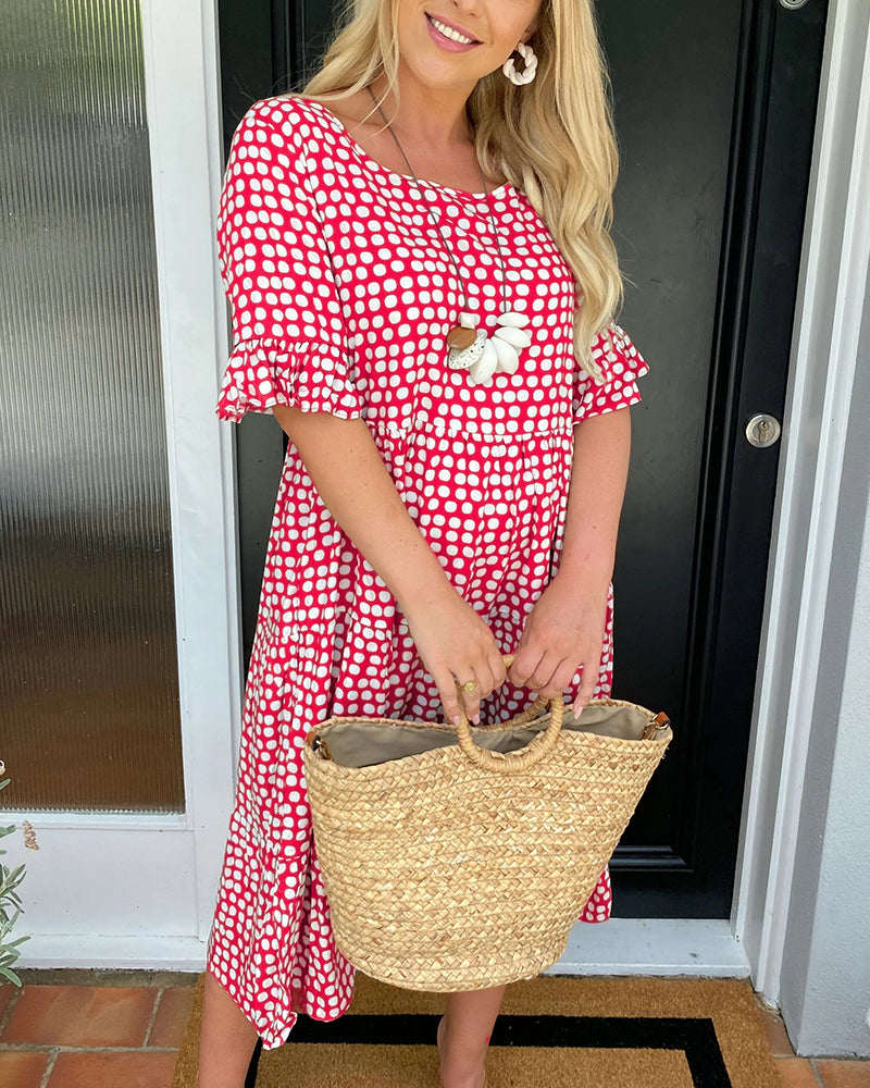 Maas & Mode® | Midi-jurk met ronde hals en stippenprint