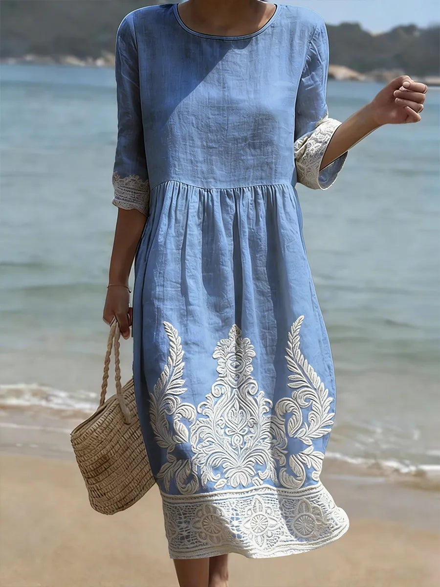 Maas & Mode® | Amber Elegante Denim Bloemenjurk