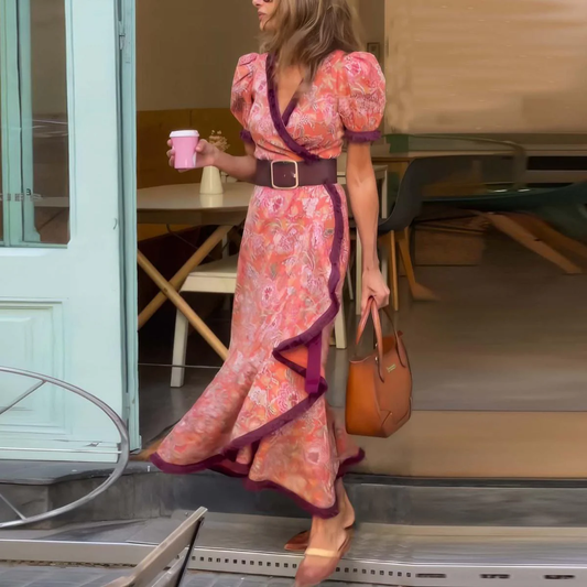 Maas & Mode® | Elegante Roze Maxi Dress met Korte Mouwen
