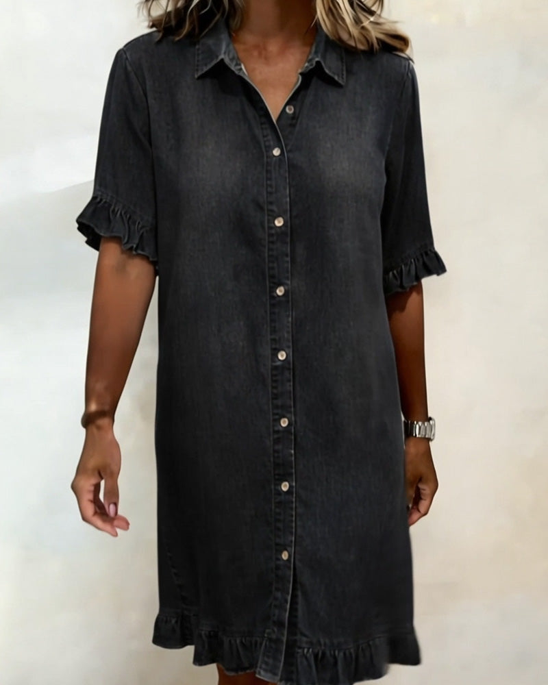 Maas & Mode® | Comfortabele Denim Jurk met Flatterende Rimpeling