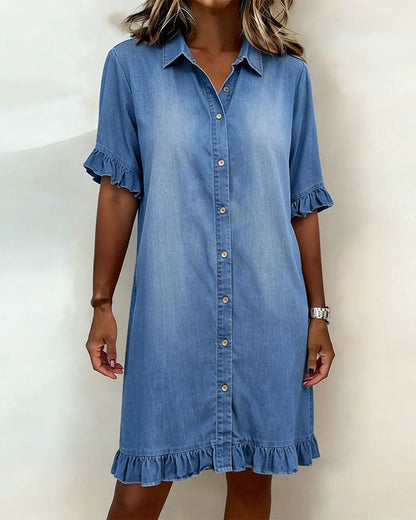 Maas & Mode® | Comfortabele Denim Jurk met Flatterende Rimpeling