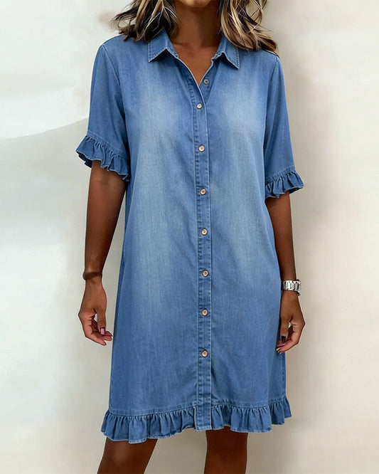 Maas & Mode® | Comfortabele Denim Jurk met Flatterende Rimpeling