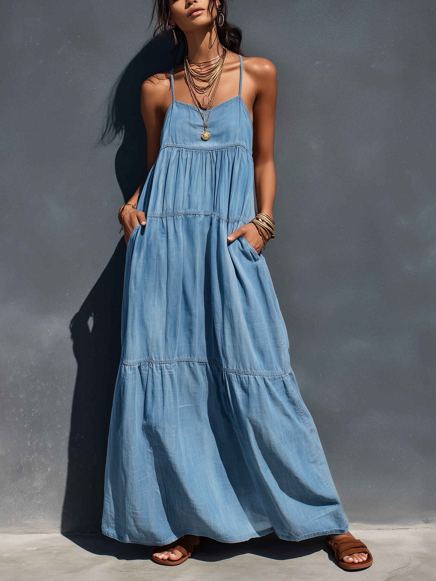 Maas & Mode® | Stretch Denim Loszittende Maxi Jurk