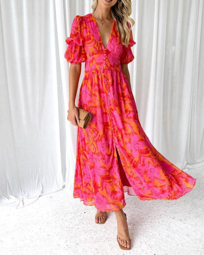 Maas & Mode® | Elegante V-hals Maxi jurk met pofmouwen