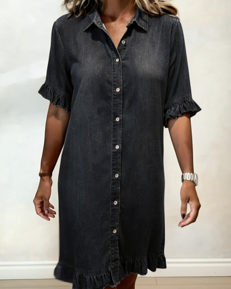 Maas & Mode® | Comfortabele Denim Jurk met Flatterende Rimpeling