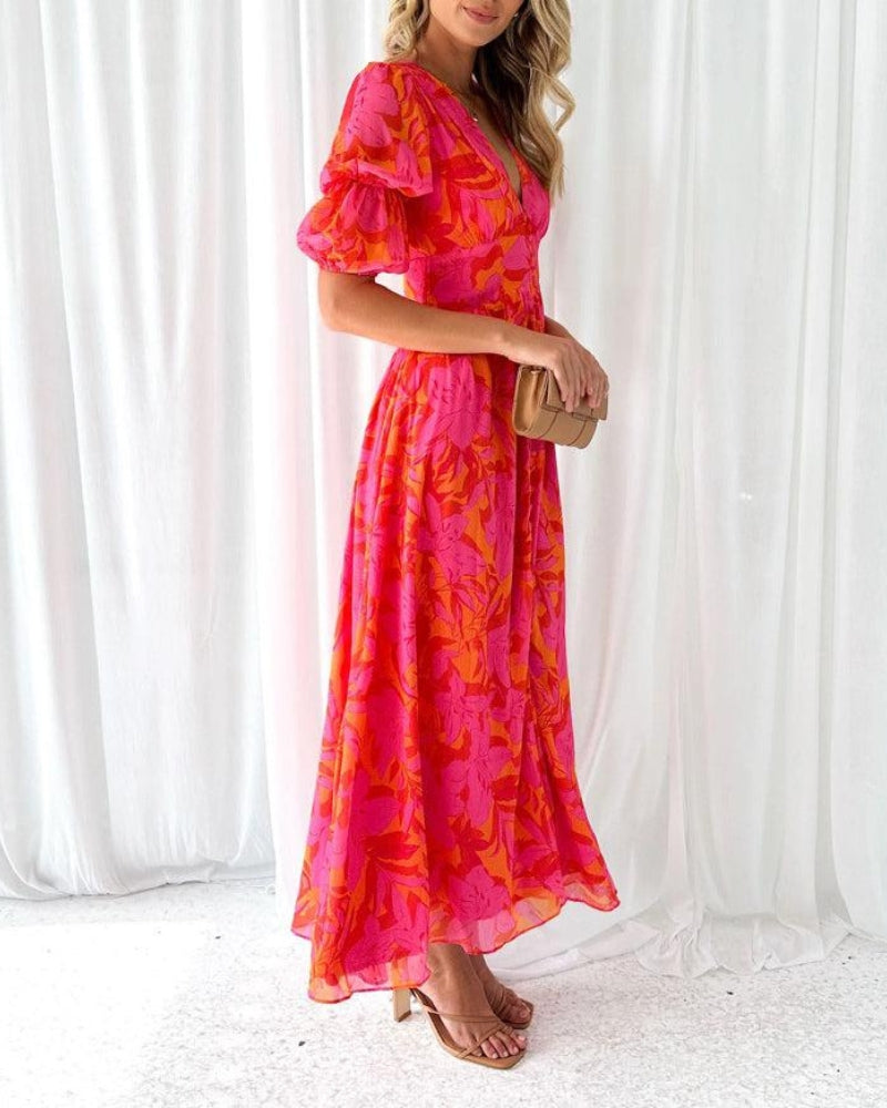 Maas & Mode® | Elegante V-hals Maxi jurk met pofmouwen