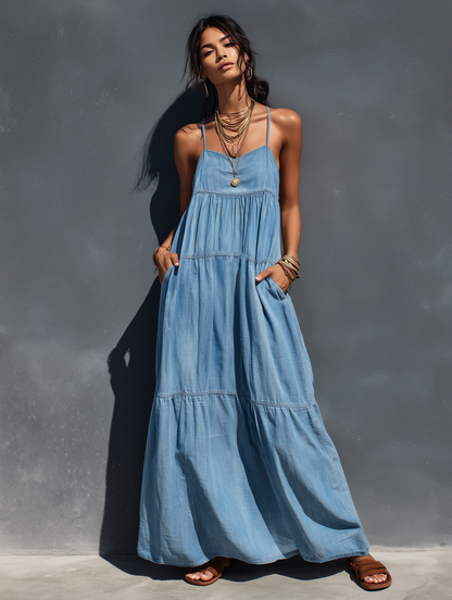 Maas & Mode® | Stretch Denim Loszittende Maxi Jurk