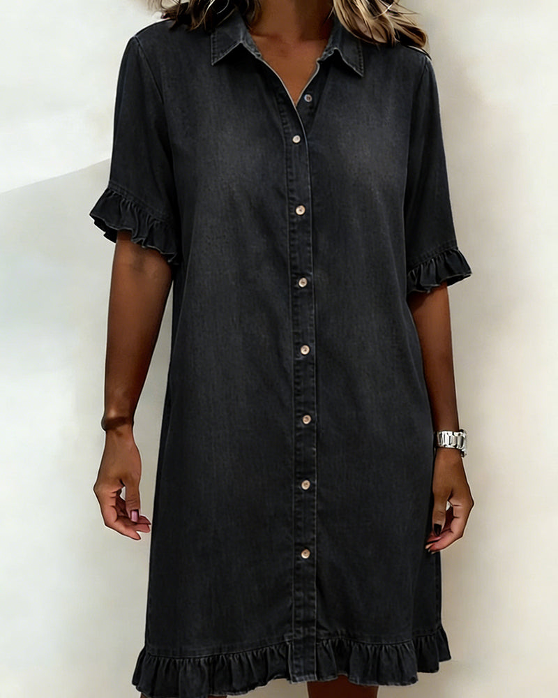 Maas & Mode® | Comfortabele Denim Jurk met Flatterende Rimpeling