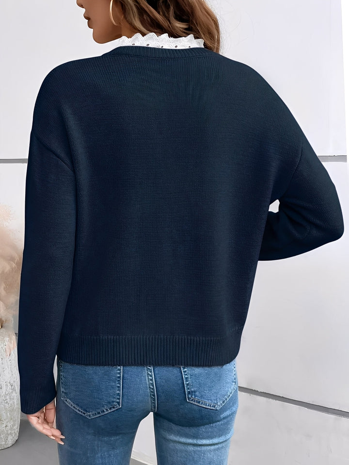 Maas & Mode | Chique Gebreide Trui met Elegante Kantkraag