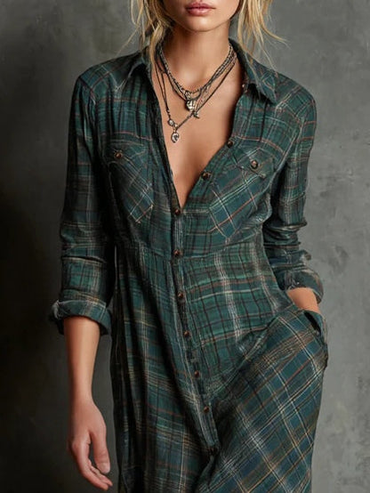 Maas & Mode® | Lange jurk met groene geruite revers