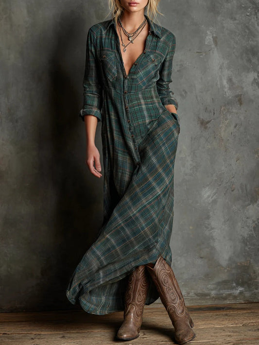 Maas & Mode® | Lange jurk met groene geruite revers