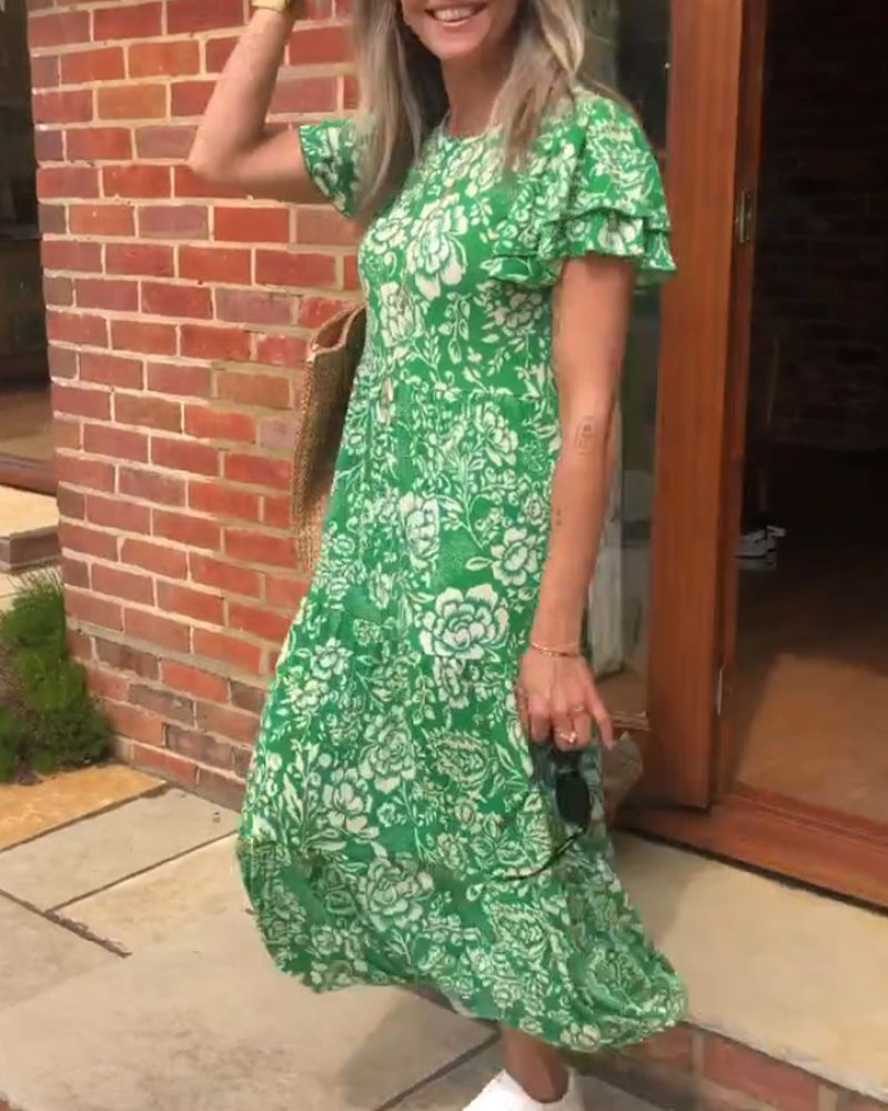 Maas & Mode® | Lange jurk met korte mouwen en bloemenprint