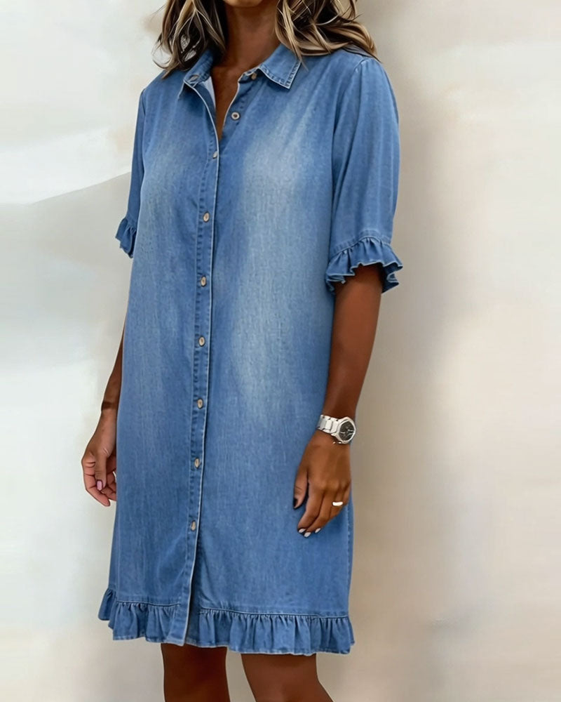 Maas & Mode® | Comfortabele Denim Jurk met Flatterende Rimpeling