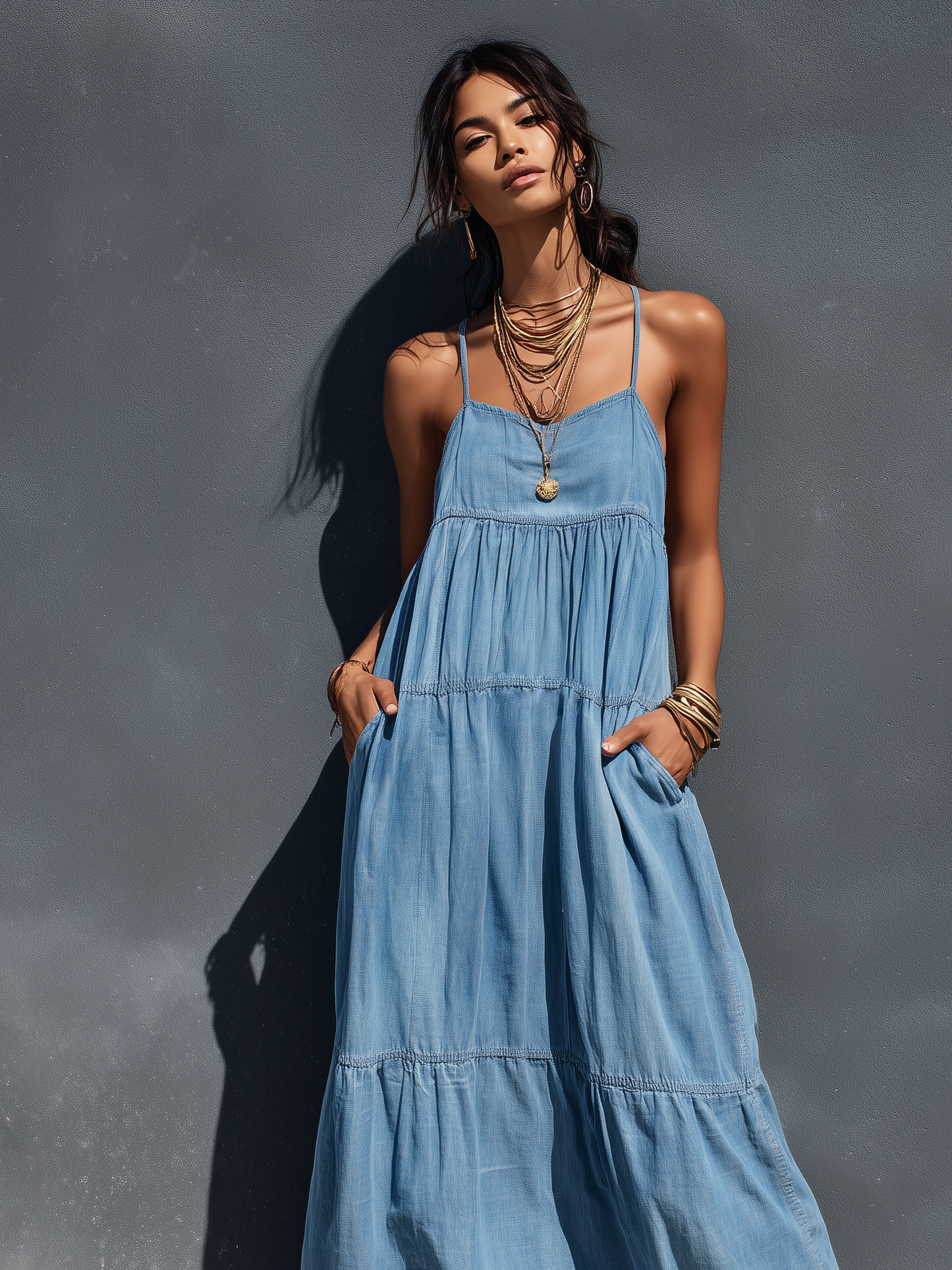 Maas & Mode® | Stretch Denim Loszittende Maxi Jurk
