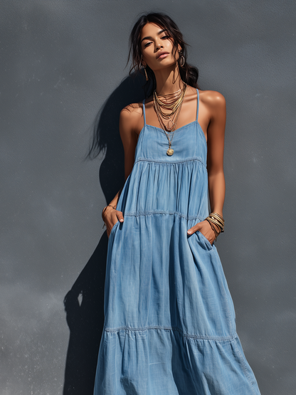 Maas & Mode® | Stretch Denim Loszittende Maxi Jurk