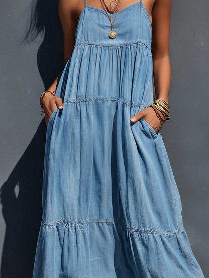 Maas & Mode® | Stretch Denim Loszittende Maxi Jurk