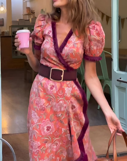 Maas & Mode® | Elegante Roze Maxi Dress met Korte Mouwen