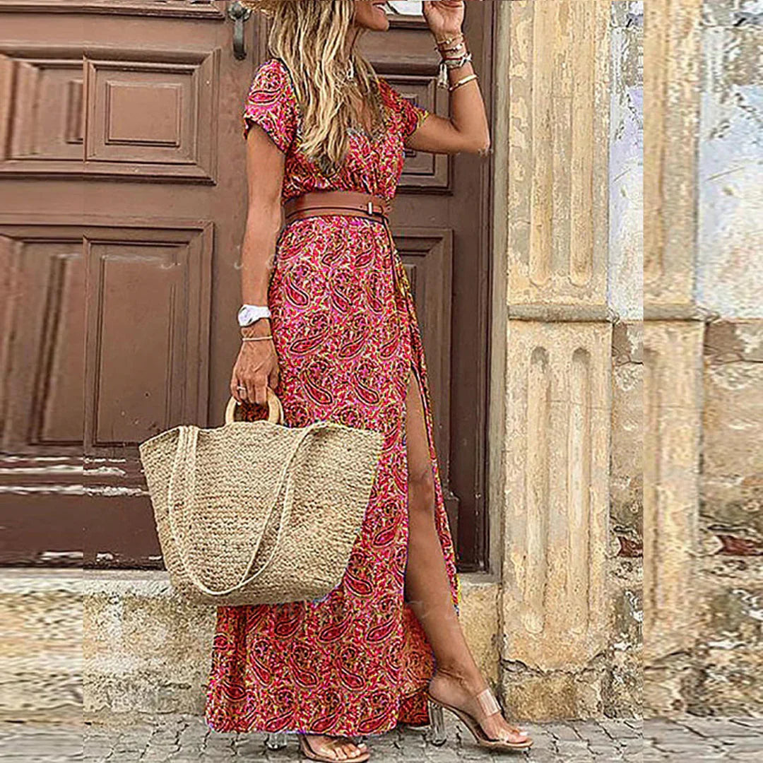 Maas & Mode® | Luchtige boho maxi-jurk met bijpassende riem
